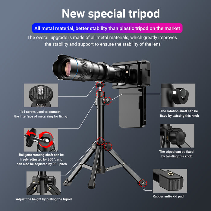 APEXEL Metal Telescope Lens 36X Tripod Set