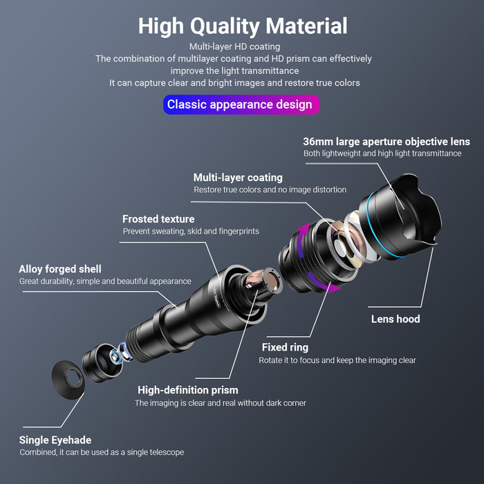 APEXEL Metal Telescope Lens 36X Tripod Set